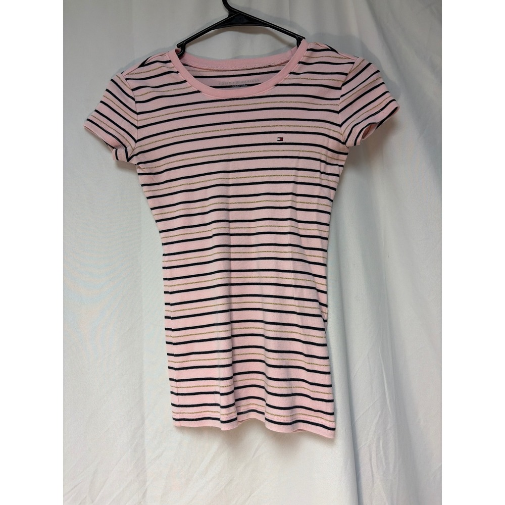 Tommy Hilfiger Womens Pink Navy Gold Metallic Striped Crew Neck Tee XXS